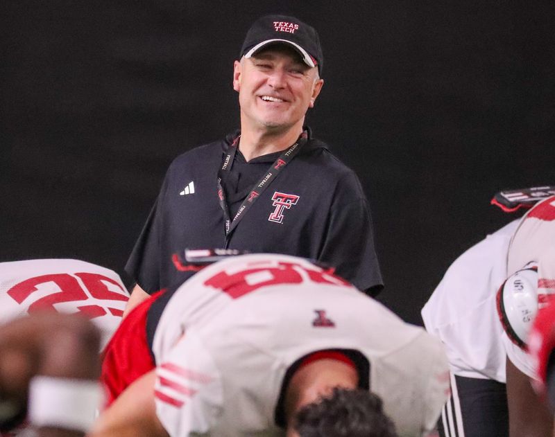 Texas tech head coach Joey McGuire looks on during spring football practice, Tuesday, April 14, 2026, at the Womble Football Center.