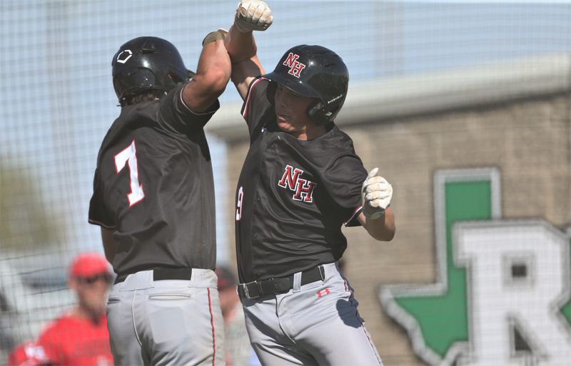 New Home's Tucker Cotton, right, and Avin Madrid celebrate after a run against Ropes in a District 4-2A baseball game Wednesday, April 15, 2026, at the Ropes ISD baseball field in Ropesville.