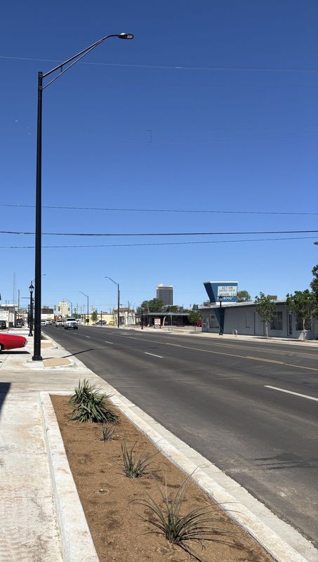 Professional landscaping, wider sidewalks, tall lamp posts with banner hangers are just part of the renovations done in the Barrio corridor during renovations of the Amarillo neighborhood.