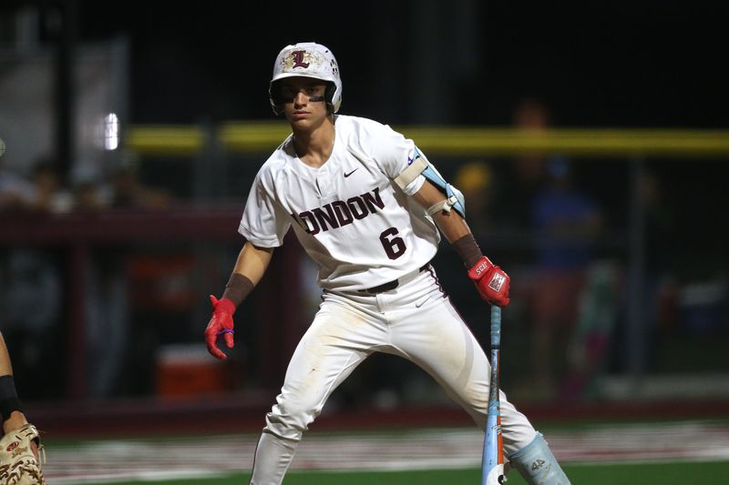London's JJ Villegas digs in at home plate during a District 29-3A baseball game against Bishop at London High School on Friday, April 17, 2026.