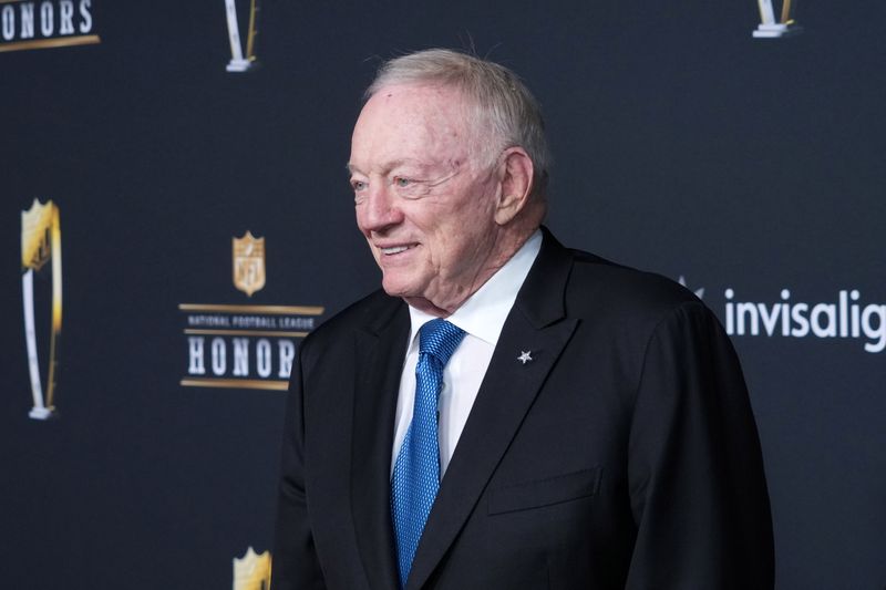 Feb 5, 2026; San Francisco, CA, USA; Dallas Cowboys owner Jerry Jones poses on the NFL Honors Red Carpet before Super Bowl LX at Palace of Fine Arts. Mandatory Credit: Kirby Lee-Imagn Images