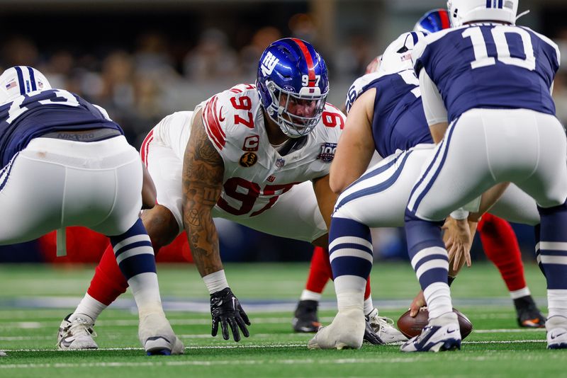Nov 28, 2024; Arlington, Texas, USA; New York Giants defensive tackle Dexter Lawrence II (97) lines up during the first quarter against the Dallas Cowboys at AT&T Stadium. Mandatory Credit: Andrew Dieb-Imagn Images