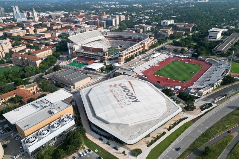 Jun 7, 2023; Austin, TX, USA; A general overall aerial view of Mike A. Myers Stadium, Moody Center and Darrell K Royal Texas Memorial Stadium at the University of Texas. Mandatory Credit: Kirby Lee-USA TODAY Sports