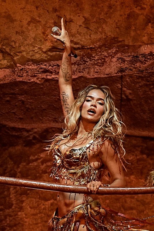 Karol G performs her headlining set on the Coachella Stage at the Coachella Valley Music and Arts Festival in Indio, Calif., on Sunday, April 19, 2026.