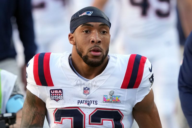 Feb 8, 2026; Santa Clara, CA, USA; New England Patriots running back Treveyon Henderson (32) before Super Bowl LX against the Seattle Seahawks at Levi's Stadium. Mandatory Credit: Darren Yamashita-Imagn Images