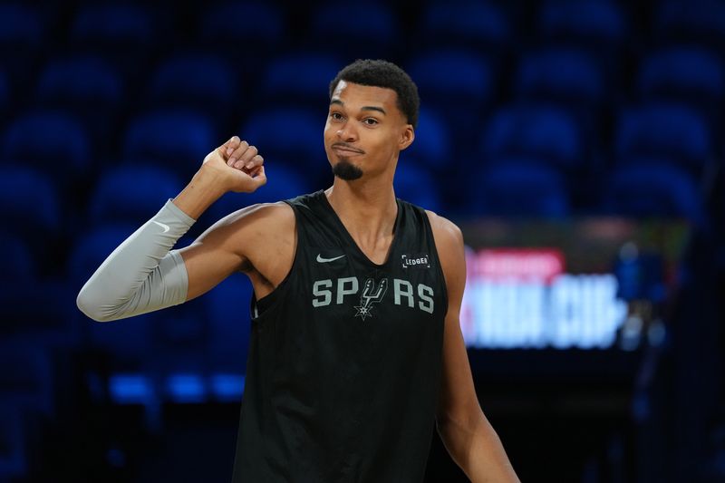 San Antonio Spurs forward Victor Wembanyama during practice prior to the Emirates NBA Cup championship at the T-Mobile Arena on Dec. 15, 2025