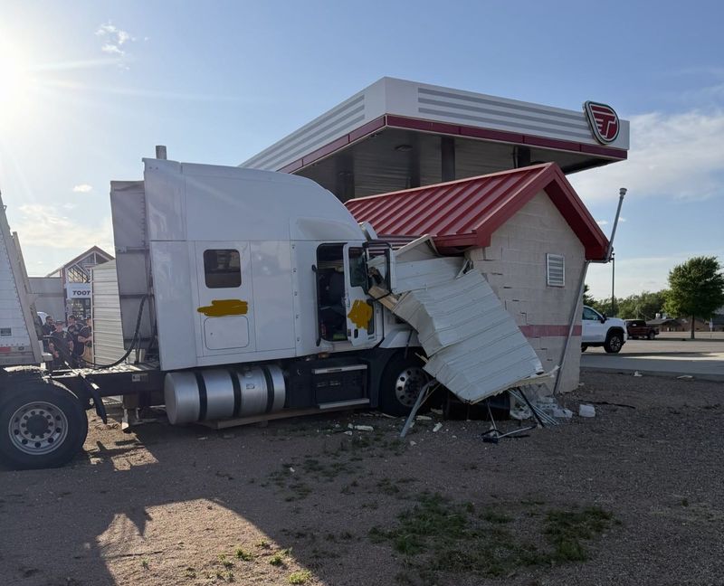 A semi-truck rolled into a storage unit for a Toot-n-Totum on River Road Monday evening but no injuries were reported.