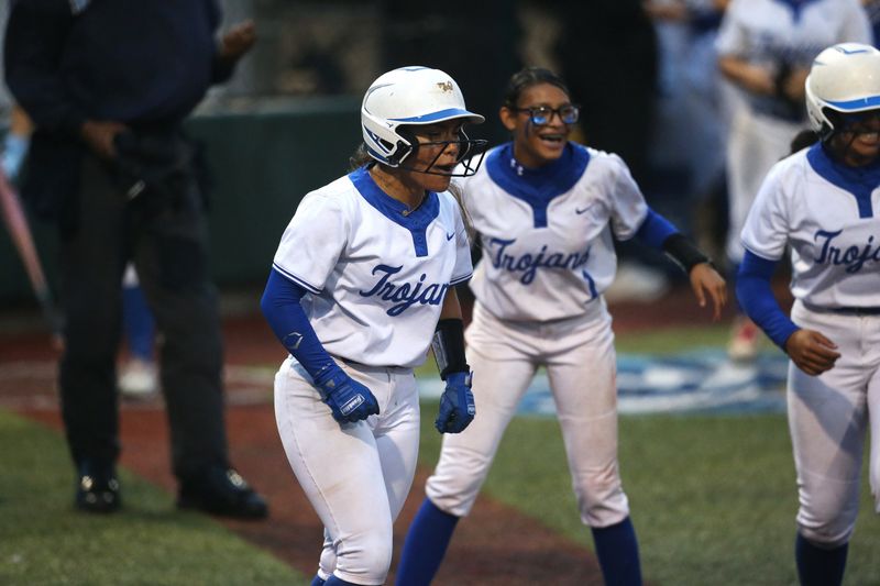 Moody's Julia Perales celebrates after scoring during a District 29-5A play-in game against Gregory-Portland at Cabaniss Softball Field on Monday, April 20, 2026.