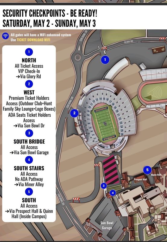 A graphic showing the security checkpoints at the Sun Bowl Stadium area for the BTS concerts.
