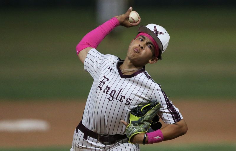 Roosevelt's Everitt Rodriquez pitches against Shallowater in a District 2-3A baseball game Tuesday, April 21, 2026, at Taylor Field in Acuff.