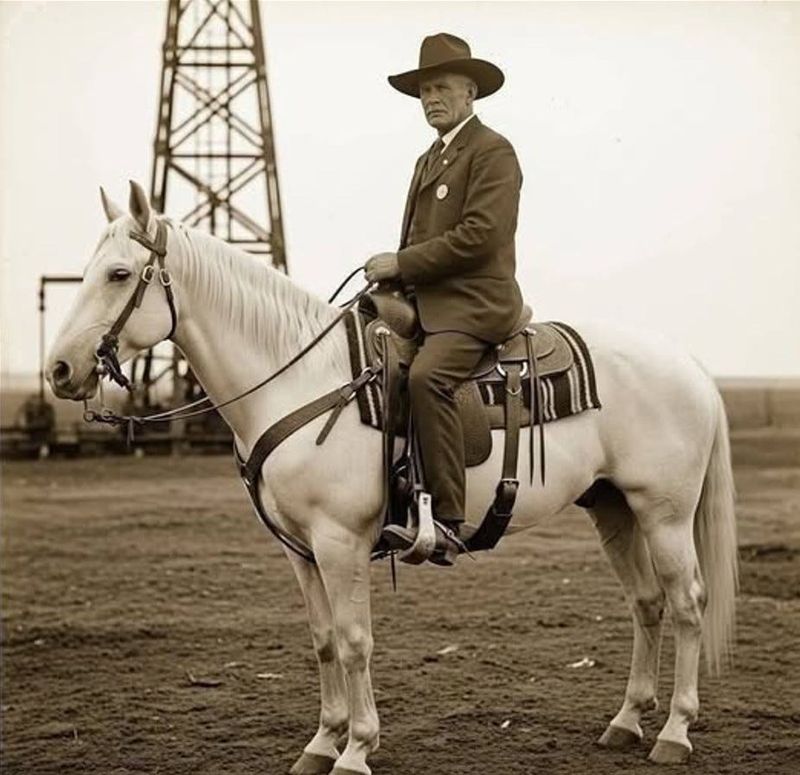 This undated photo shows Burk Burnett with one of his 6666 Ranch oil wells in Carson County, Texas.