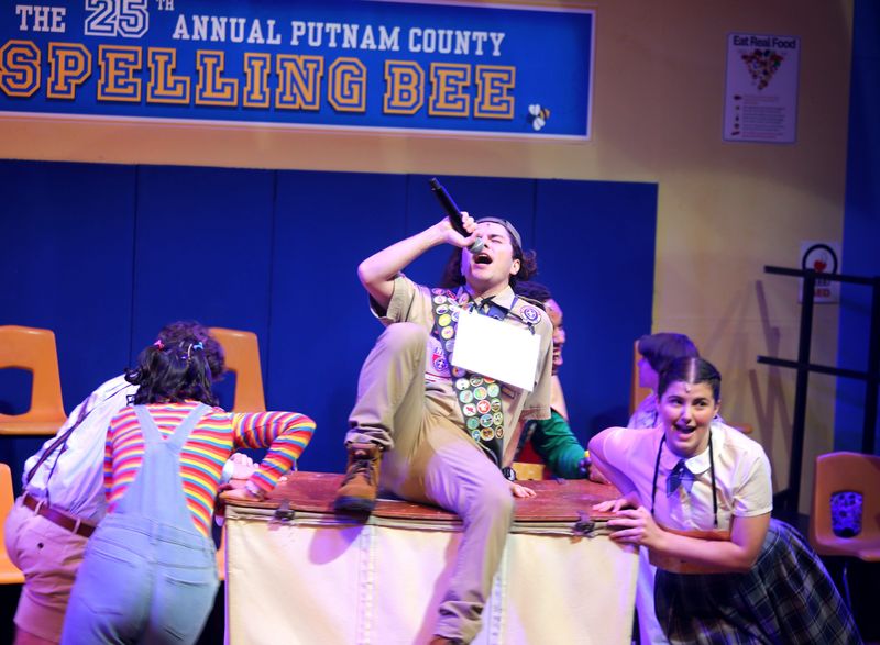 CJ Rosado, with Kendall West at right, perform in the Abilene Christian University musical “The 25th Annual Putnam County Spelling Bee” during rehearsal Monday.
