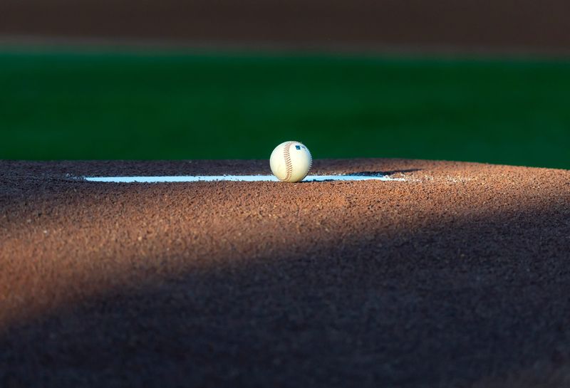 Mar 17, 2026; Mesa, Arizona, USA; Detailed view of a baseball on the pitchers mound during the Los Angeles Angels against the Chicago Cubs during a spring training game at Sloan Park. Mandatory Credit: Mark J. Rebilas-Imagn Images