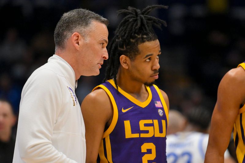 Mar 11, 2026; Nashville, TN, USA; Louisiana State Tigers head coach Matt McMahon talks with guard Jalen Reece (2) during a break in action during the second half at Bridgestone Arena. Mandatory Credit: Steve Roberts-Imagn Images