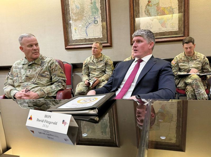 David Fitzgerald, under secretary of the Army, answers questions about a proposed Fort Bliss data center complex from news reporters April 22 at the Wyndham El Paso Airport Hotel in East-Central El Paso. Fort Bliss Commanding Gen. Curtis Taylor listens.