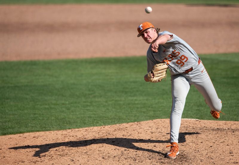 Texas Longhorns' Dylan Volantis (99) pitches as Auburn Tigers take on Texas Longhorns at Plainsman Park in Auburn, Ala. on Sunday, March 22, 2026.