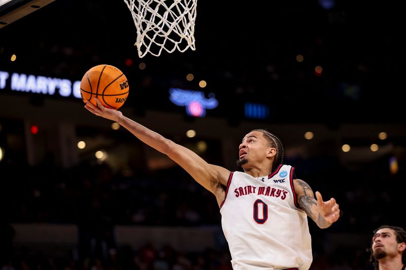 Mar 19, 2026; Oklahoma City, OK, USA; Saint Mary's (CA) Gaels guard Mikey Lewis (0) attempts a shot during a first round game of the men's 2026 NCAA Tournament at Paycom Center. Mandatory Credit: William Purnell-Imagn Images