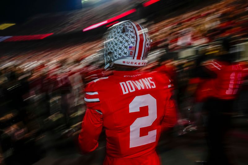 Ohio State Buckeyes defensive back Caleb Downs (2) takes the field for warm-ups prior to the NCAA football game against the UCLA Bruins at Ohio Stadium in Columbus on Nov. 15, 2025.