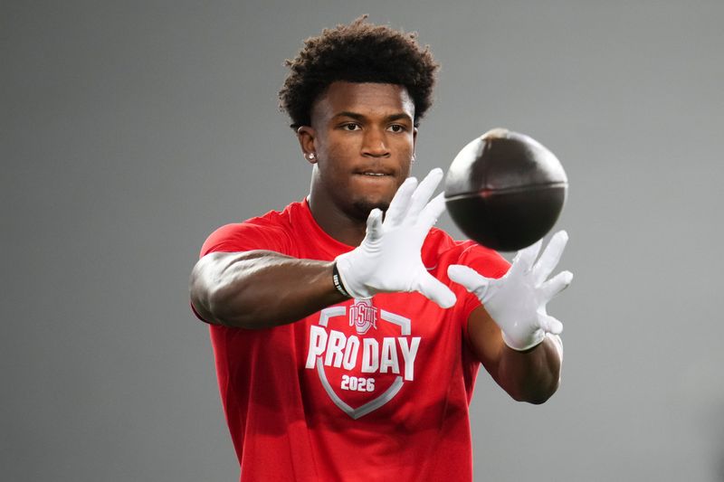 Ohio State Buckeyes defensive back Caleb Downs catches a ball during Pro Day for NFL scouts at the Woody Hayes Athletics Center on March 25, 2026.