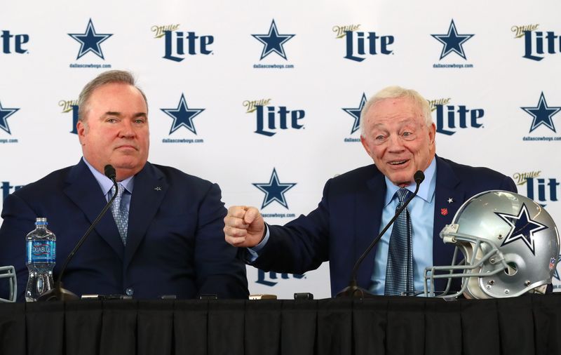 Jan 8, 2020; Frisco, Texas, USA; Dallas Cowboys owner Jerry Jones answers questions with new head coach Mike McCarthy during a press conference at Ford Center at the Star. Mandatory Credit: Matthew Emmons-USA TODAY Sports
