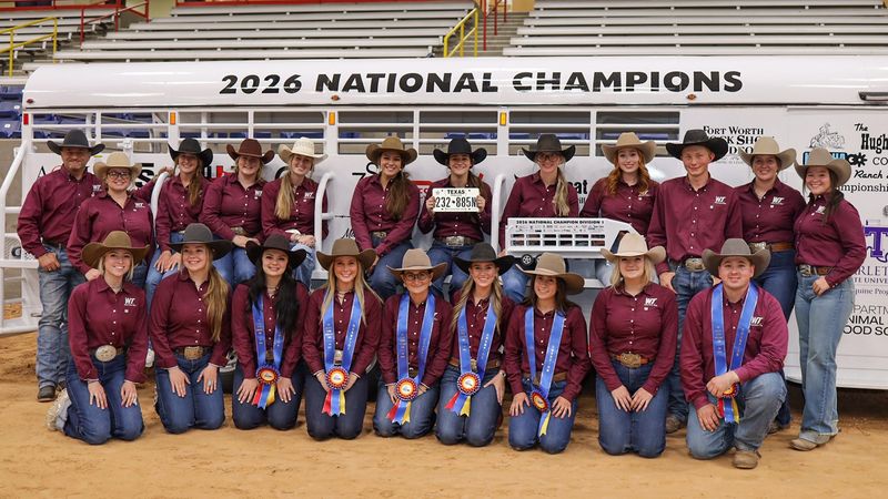 The West Texas A&M University Ranch Horse Team took home its second consecutive national championship at the National Intercollegiate Ranch & Stock Horse Association competition. Team members are, front from left, Sydnee Wilson, Tess Lewis, Haylee Triplitt, Lela Chisholm, Isabella Ayers, Ashley Wortham, Elizabeth Iandoli, Bayleigh Leathers and Cutter McLaughlin, and, back from left, Head Coach Lance Baker, Coach Sidney Dunkel, Chloe Rourke, Kennedy Hill, Grace Hyde, Payton Porterfield, Marin McCarthy, Avery Turner, Bella Bridges, Parker Ralston, Kailey Roberts and Kaylea Marionneaux.