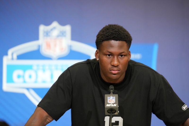 Feb 25, 2026; Indianapolis, IN, USA; Texas linebacker Anthony Hill (LB12) speaks during the NFL Scouting Combine at the Indiana Convention Center. Mandatory Credit: Kirby Lee-Imagn Images
