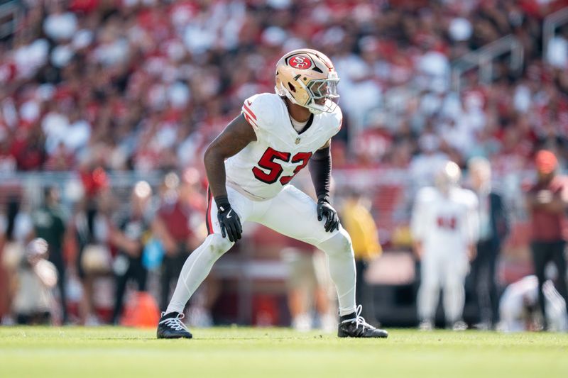 September 21, 2025; Santa Clara, California, USA; San Francisco 49ers linebacker Dee Winters (53) during the third quarter against the Arizona Cardinals at Levi's Stadium. Mandatory Credit: Kyle Terada-Imagn Images