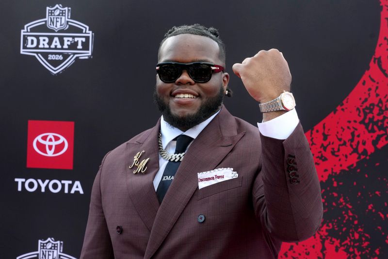 Apr 23, 2026; Pittsburgh, PA, USA; Ohio State Buckeyes defensive tackle Kayden McDonald poses on the red carpet before the 2026 NFL Draft at Point State Park. Mandatory Credit: Kirby Lee-Imagn Images