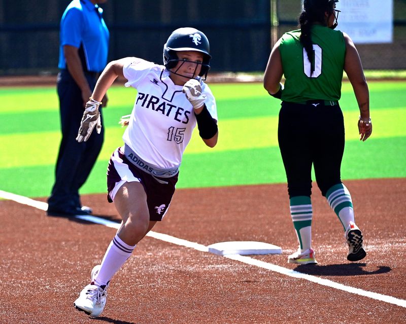 Eula’s Tinsley Robinson rounds third to score a run during the Bi-District Championship game between Eula and Hamlin in Eula Friday April 24, 2026. Final score in the fifth inning was 15-5, Eula.