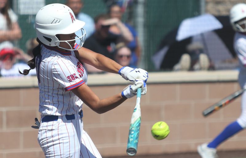 Sundown's Araceli Ibarra hits the ball against Sudan in Game 2 of a Class 2A Division II bi-district playoff softball series Saturday, April 25, 2026, at the Sundown ISD softball complex in Sundown.