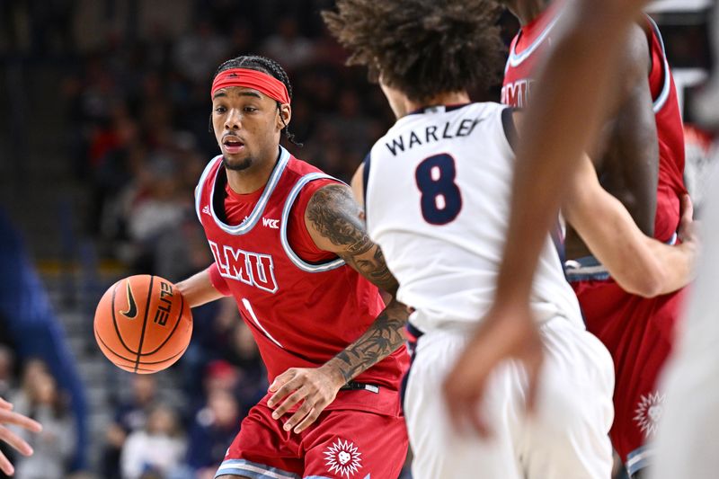 Jan 4, 2026; Spokane, Washington, USA; Loyola Marymount Lions forward Jalen Shelley (1) controls the ball against the Gonzaga Bulldogs in the first half at McCarthey Athletic Center. Mandatory Credit: James Snook-Imagn Images