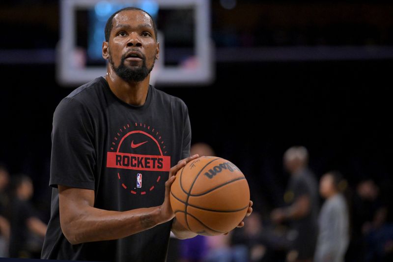 Apr 21, 2026; Los Angeles, California, USA; Houston Rockets forward Kevin Durant (7) warms up prior to game two of the first round of the 2026 NBA Playoffs against the Los Angeles Lakers at Crypto.com Arena. Mandatory Credit: Jayne Kamin-Oncea-Imagn Images