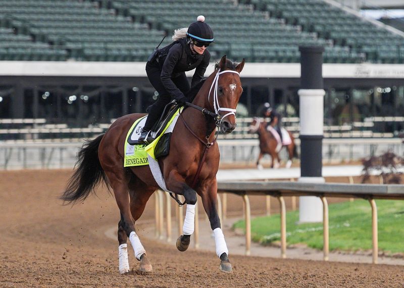2026 Kentucky Derby horse and morning line 4-1 favorite Renegade with exercise rider Nora McCormack works at Churchill Downs in Louisville, Kentucky. Renegade was raced five times, winning twice with multiple finishes with around $1 million in earnings. The trainer is Todd Pletcher. Jockey Irad Ortiz, Jr. is slated to ride. April 27, 2028.
