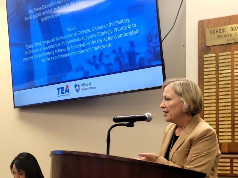 Karen Garza, conservator for Wichita Falls ISD, speaks to the School Board on Monday, April 20, 2026. Texas Education Agency Commissioner Mike Morath appointed Garza to be the WFISD conservator to help drive academic improvement in the district.