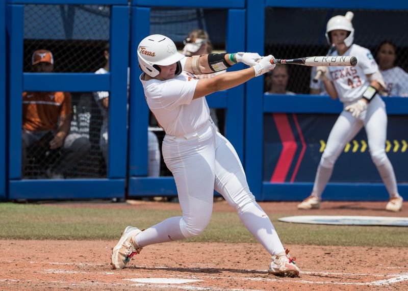 Jun 2, 2025; Oklahoma City, OK, USA; Texas Longhorns utility Katie Stewart (20) hits a home run in the fourth inning against the Tennessee Lady Volunteers during the NCAA Softball Women's College World Series semifinal game at Devon Park. Mandatory Credit: Brett Rojo-Imagn Images