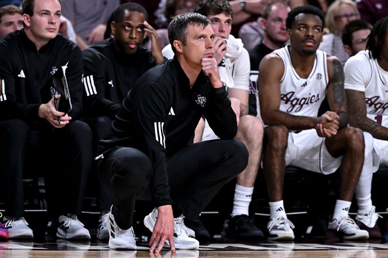 Feb 28, 2026; College Station, Texas, USA; Texas A&M Aggies head coach Bucky McMillan looks on during the second half against the Texas Longhorns at Reed Arena. Mandatory Credit: Maria Lysaker-Imagn Images