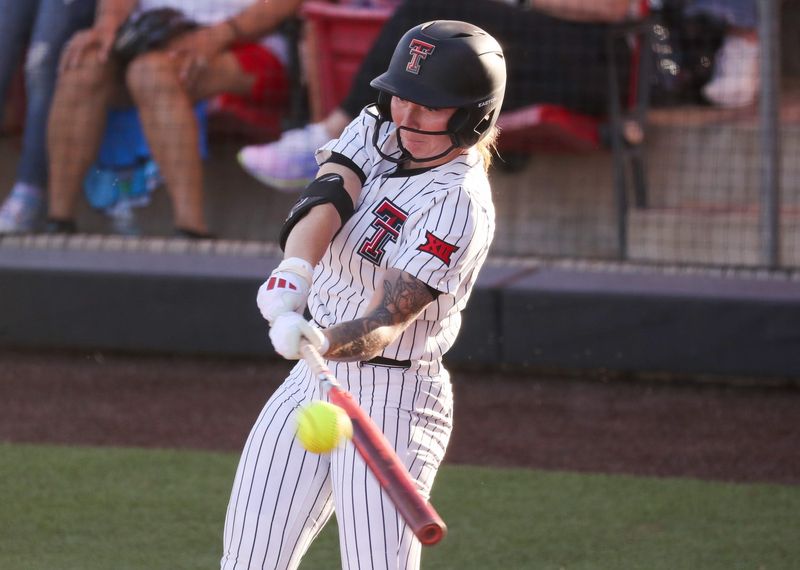 Texas Tech's Kaitlyn Terry hits a double against Tarleton State during a non-conference softball game, Tuesday, April 28, 2026, at Tracy Sellers Field.