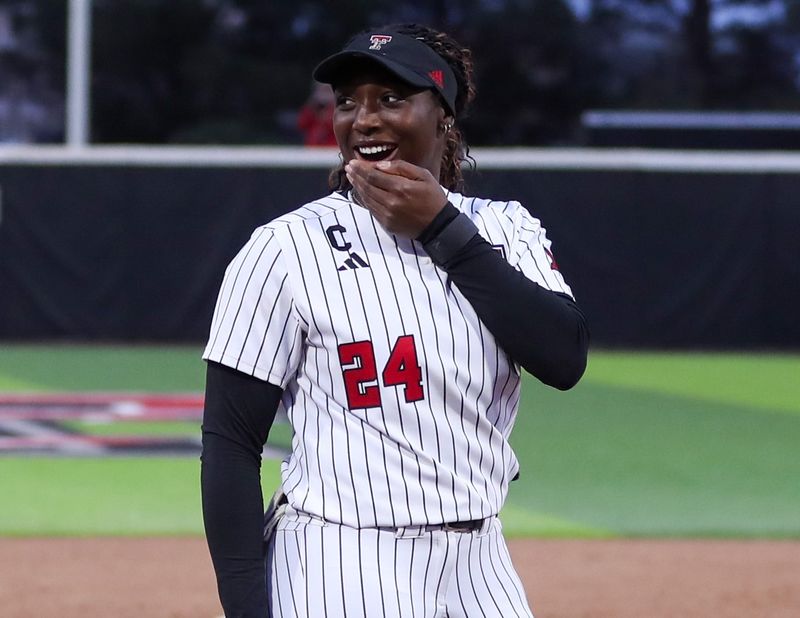 Texas Tech's NiJaree Canady reacts to a video from Patrick Mahomes as she's given a golden ticket to the AUSL draft, Friday, March 27, 2026, at Tracy Sellers Field.