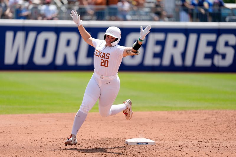 Texas utility Katie Stewart (20) celebrates after hitting a home run in the fourth inning of a Women's College World Series softball game between the Tennessee Volunteers and the Texas Longhorns at Devon Park in Oklahoma City, Monday, June 2, 2025. Texas won 2-0.
