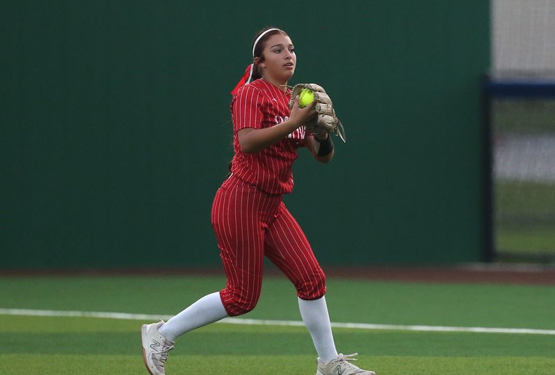 Robstown's Addison Worden makes a grab in the outfield during Game 1 of a Class 4A Division II area round softball playoff series against Ingleside at Gregory-Portland's Wildcat Park on Wednesday, April 29, 2026.