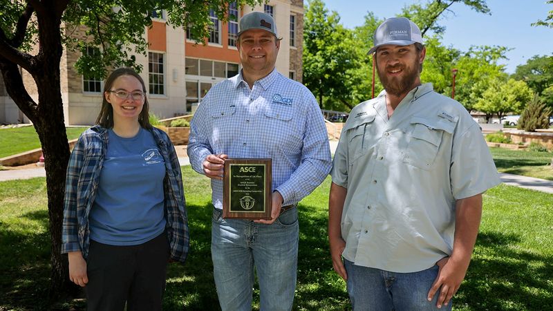 West Texas A&M University survey team members Karla Berkshire, from left, Kaston Hawkins and Dylan Furman will compete June 25 to 27 at the American Society of Civil Engineers Utility Engineering & Surveying Institute’s national surveying competition.