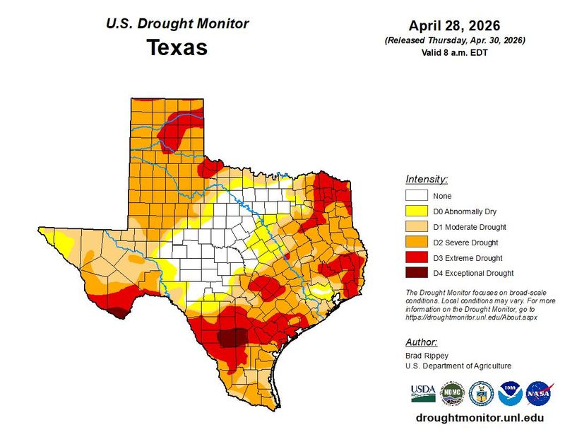 The U.S. Drought Monitor showed that nearly half of the Texas Panhandle counties, including parts of Potter and Randall, had some areas in the Extreme Drought stage as of April 28, as well as Severe Drought stage.