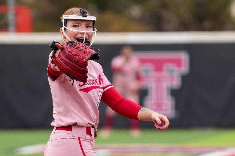 Texas Tech's Kaitlyn Terry gestures after recording a strikeout against Baylor during a Big 12 Conference softball game, Thursday, April 30, 2026, at Tracy Sellers Field.