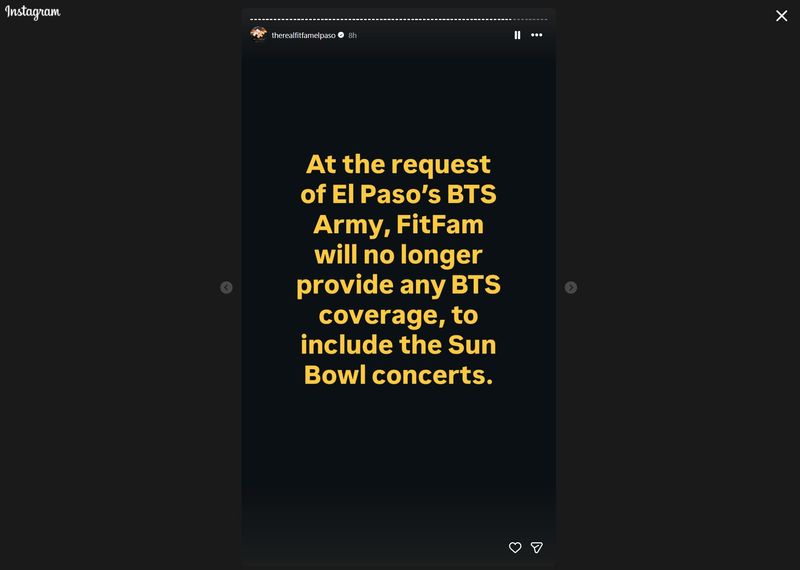 Fit Fam posted on April 30 that at the request of El Paso's BTS Army, it would not provide any BTS updates.
