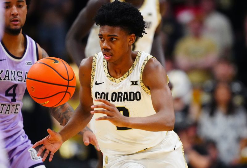 Feb 25, 2026; Boulder, Colorado, USA; Colorado Buffaloes guard Isaiah Johnson (2) during the second half against the Kansas State Wildcats at the CU Events Center. Mandatory Credit: Ron Chenoy-Imagn Images