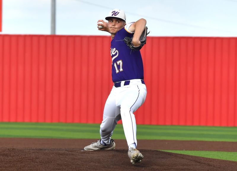 Abilene Wylie's Gehrig Fletcher pitches during a bi-district playoff game against Lubbock Coronado on, Friday, May 1, 2026, in Holliday.