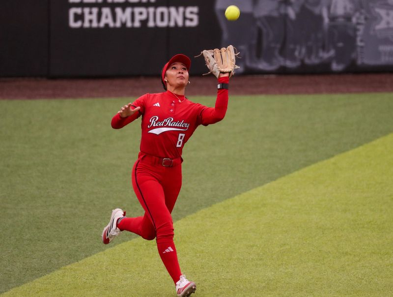 Texas Tech's Desirae Spearman catches a fly ball against Baylor during a Big 12 Conference softball game, Friday, May 1, 2026, at Tracy Sellers Field.