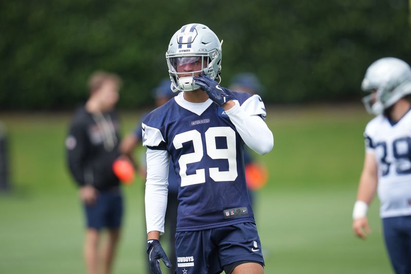 May 1, 2026; Frisco, TX, USA; Dallas Cowboys cornerback Devin Moore (29) on the field during practice at the Ford Center at the Star Training Facility in Frisco, Texas. Mandatory Credit: Chris Jones-Imagn Images