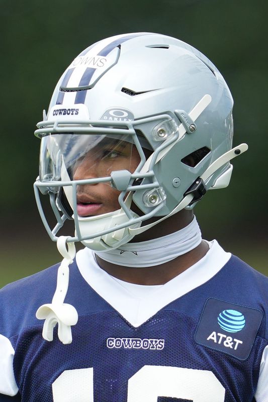 May 1, 2026; Frisco, TX, USA; Dallas Cowboys cornerback Caleb Downs (18) on the field during practice at the Ford Center at the Star Training Facility in Frisco, Texas. Mandatory Credit: Chris Jones-Imagn Images