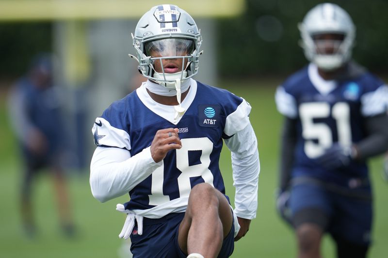 May 1, 2026; Frisco, TX, USA; Dallas Cowboys cornerback Caleb Downs (18) on the field during practice at the Ford Center at the Star Training Facility in Frisco, Texas. Mandatory Credit: Chris Jones-Imagn Images